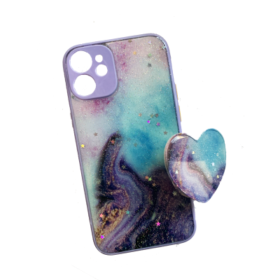 Husa Silicone iPhone 11 Pro cu Protectie Camera si Popsocket atasabil, Heart Purple Marble